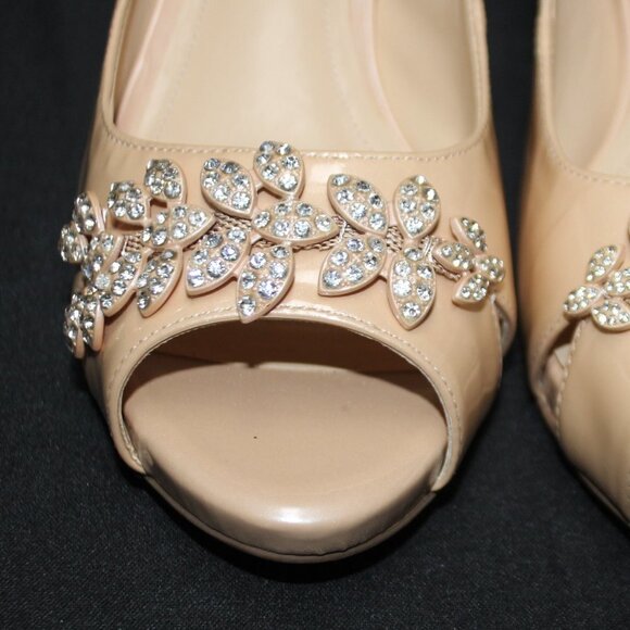 Alex Marie Patent Nude Beige Rhinestone Embellished Peep Toe Heels - Picture 14 of 15